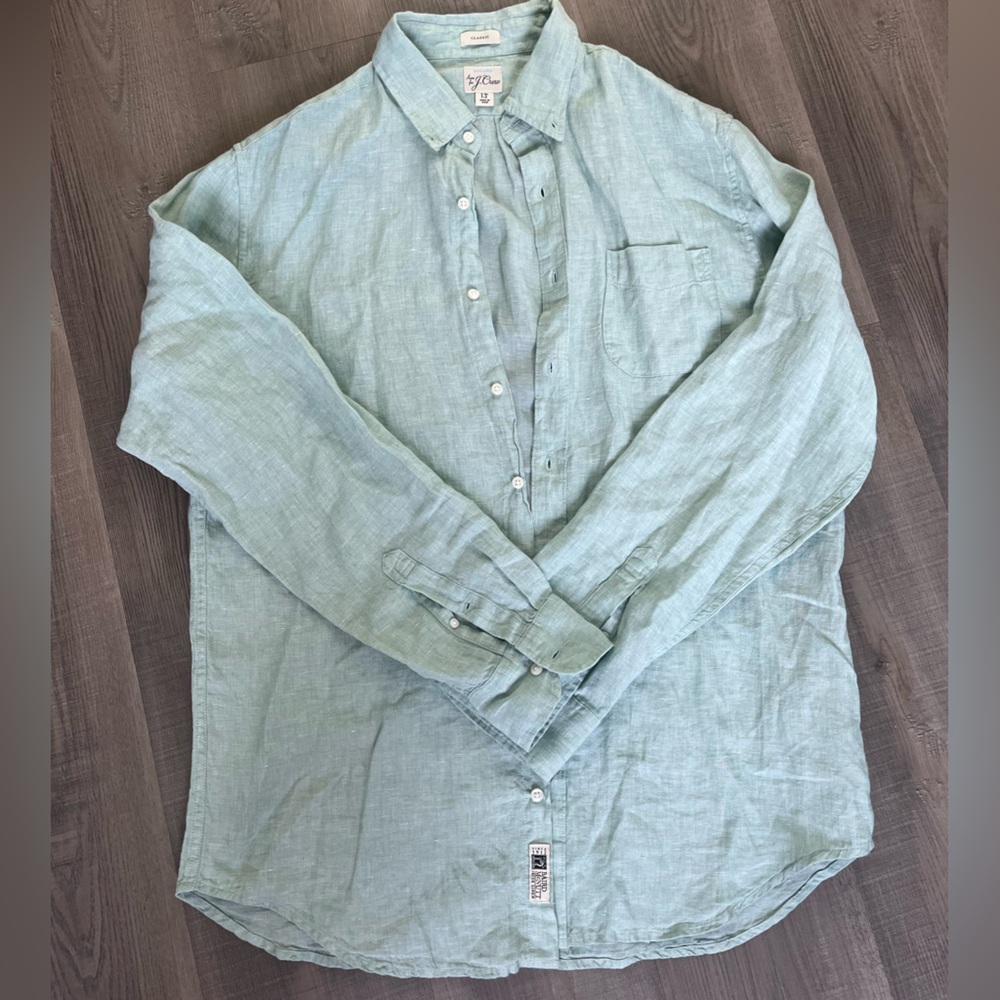 Light Green / Sage Classic Fit Linen J. Crew Button Down, Large Tall